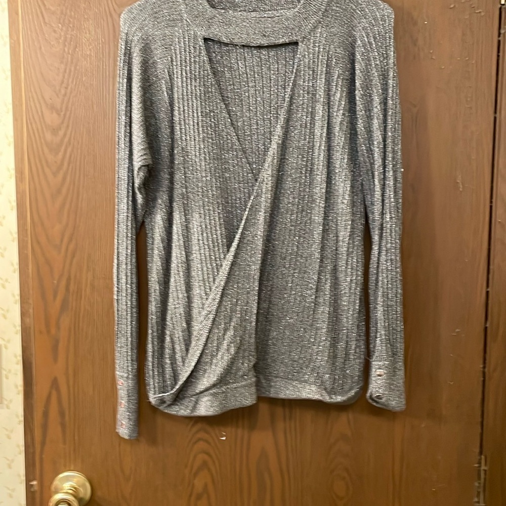Jennifer Lopez Gray V-Neck Sweater with Asymmetrical Design